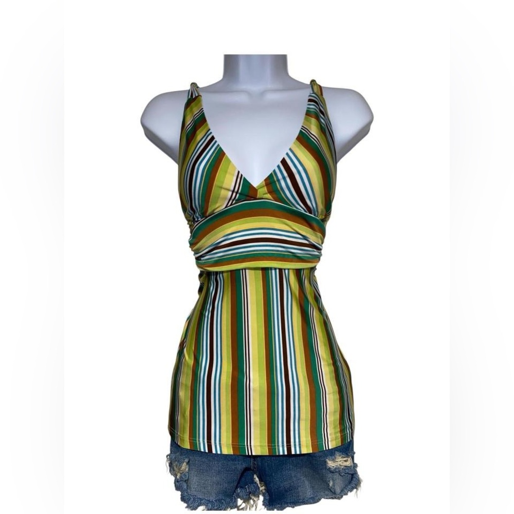 Y2k green and brown vibrant multi-colored striped babydoll style tank top